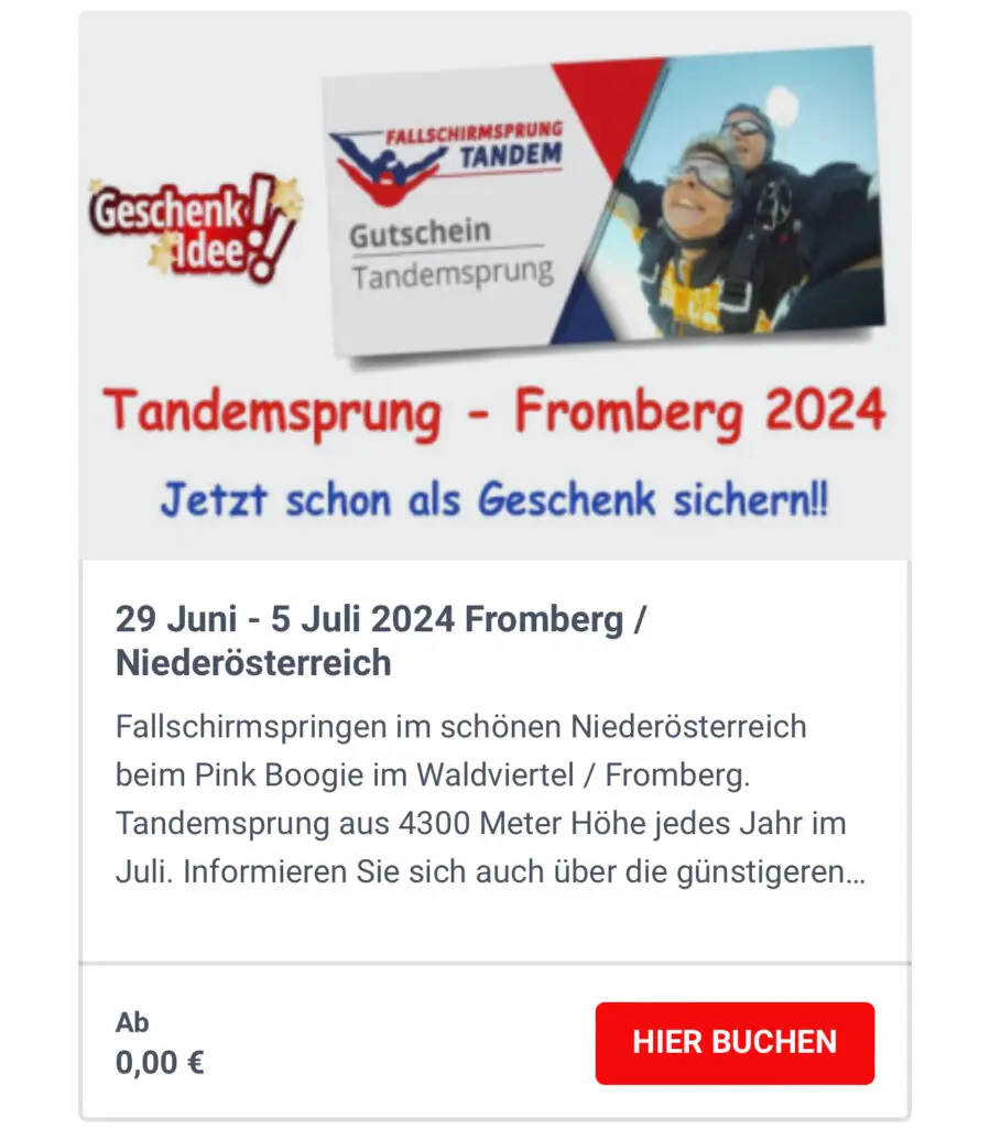 niederösterreich fallschirmspringen tandemsprung fromberg Wien fallschirmsprung Geschenk Gutschein